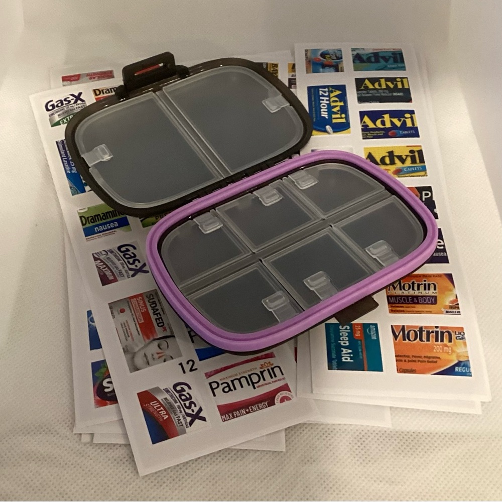 Purple and Black Travel Pill Organizer & Labels